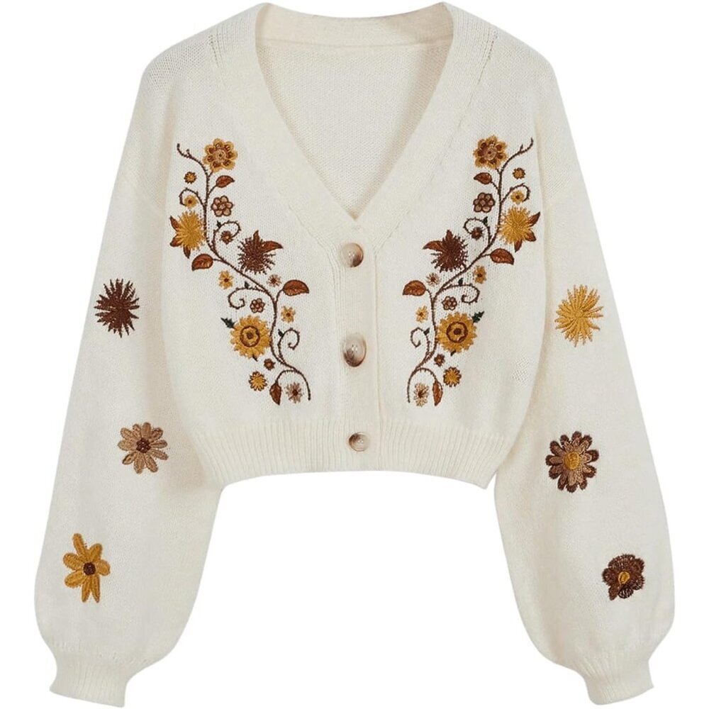Women's Floral Embroidered Cropped Cardigan V Neck Lantern Sleeve Button